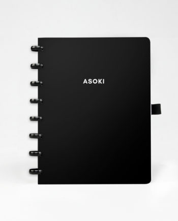 Black reusable notebook with Asoki logo, black disc binding and black pen loop