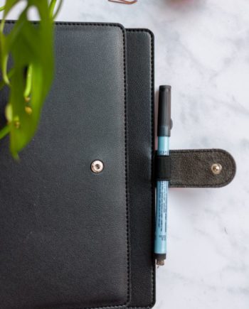 Leather-look black cover for your reusable Asoki Planner with pen loop and button