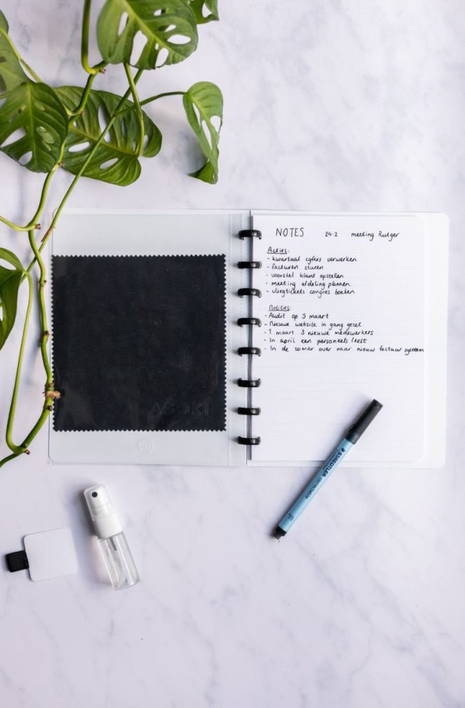 With your Asoki Planner you get a wipe, empty refillable spray bottle, black pen and pen loop included
