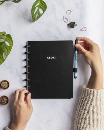 Asoki Planner with a black cover and binding, put your pen into the pen loop