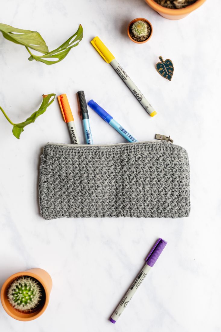 Flat grey cotton crochet pencil case