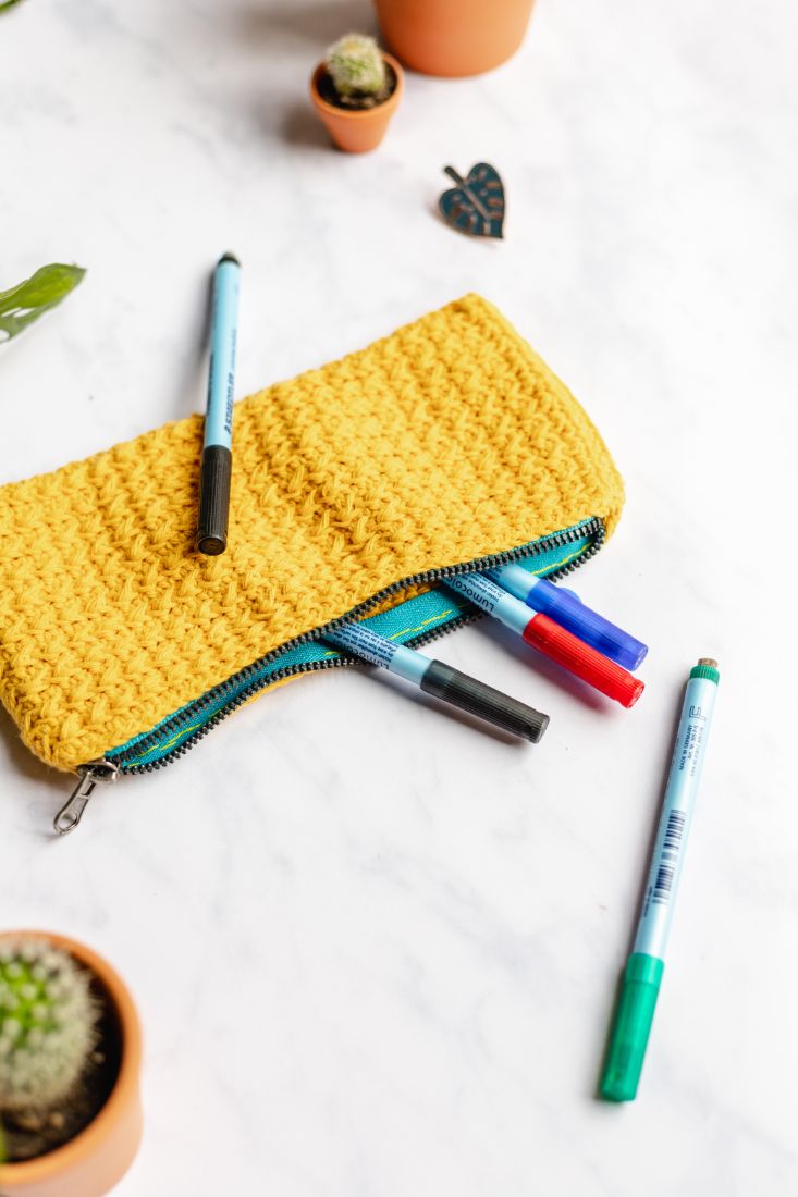Yellow cotton crochet pencil case for your erasable pens