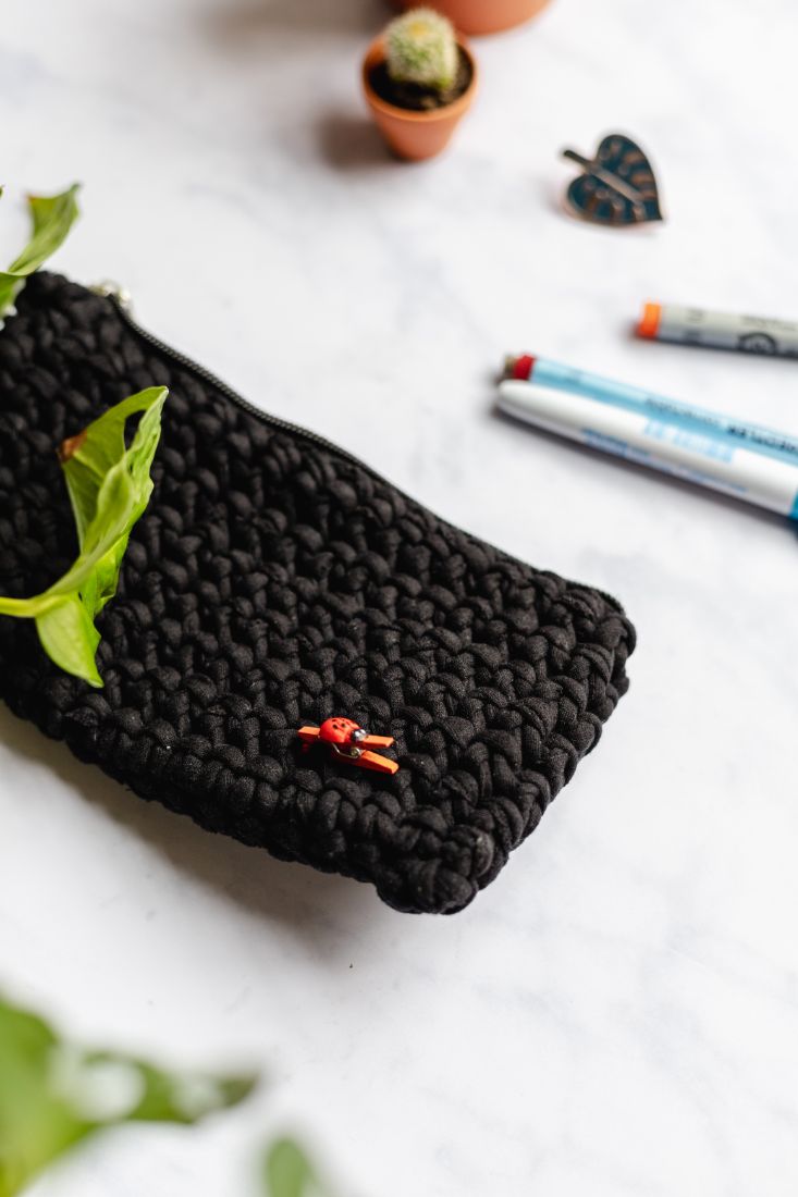 Handmade black pencil case with zipper